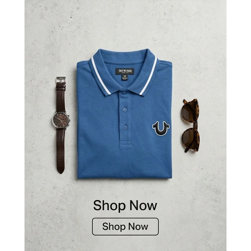 True Religion Mens 2XL Blue Buddha Guitar Graphic Short Sleeve Polo Shirt